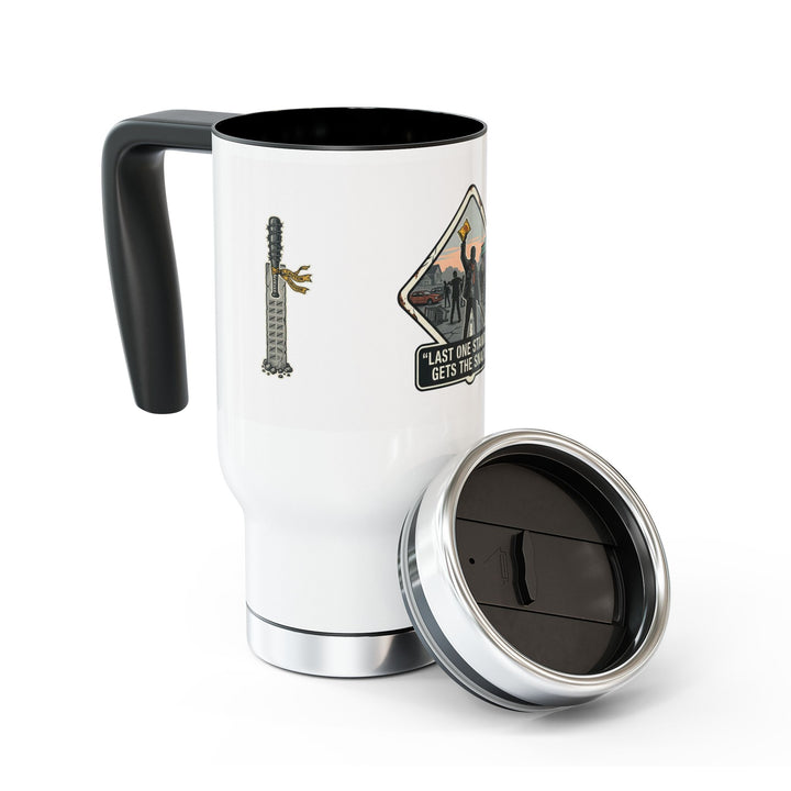 "Last One Standing Gets the Snacks" Stainless Steel Travel Mug with Handle, 14oz
