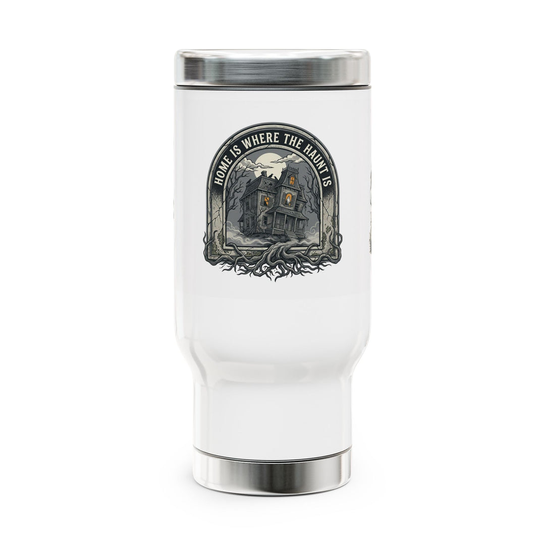 "Home Is Where the Haunt Is" Stainless Steel Travel Mug with Handle, 14oz