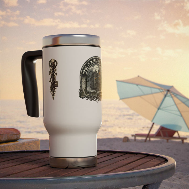 "Home Is Where the Haunt Is" Stainless Steel Travel Mug with Handle, 14oz