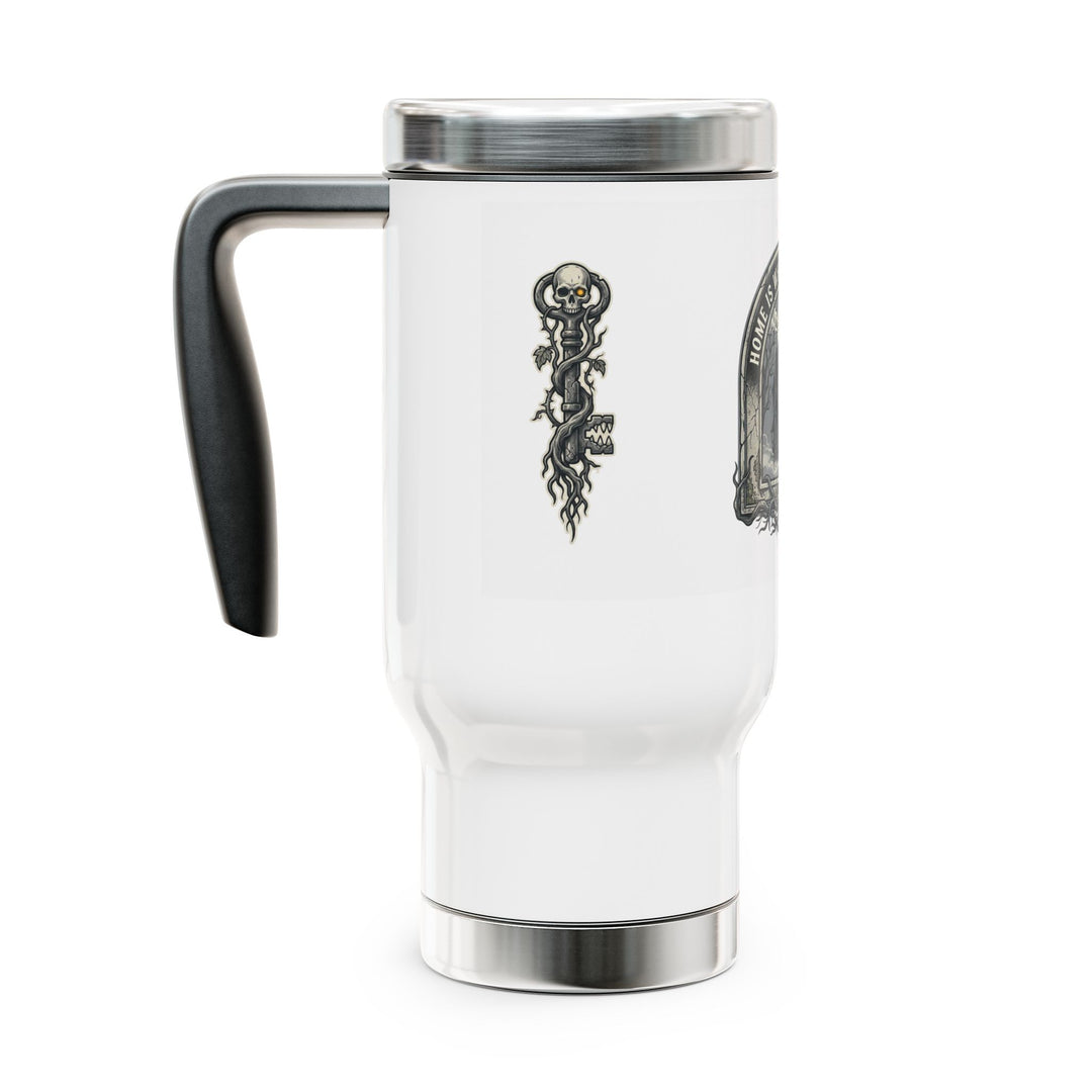 "Home Is Where the Haunt Is" Stainless Steel Travel Mug with Handle, 14oz