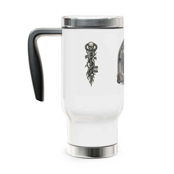 "Home Is Where the Haunt Is" Stainless Steel Travel Mug with Handle, 14oz