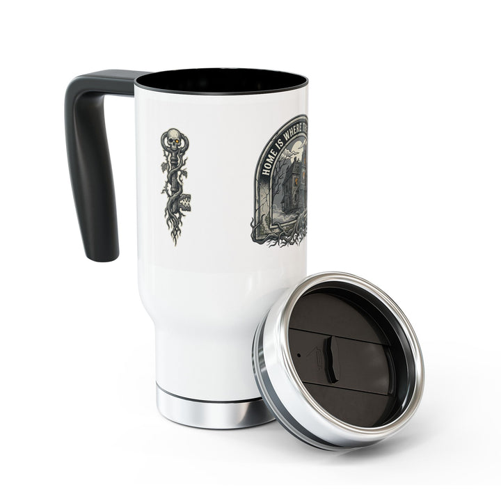 "Home Is Where the Haunt Is" Stainless Steel Travel Mug with Handle, 14oz